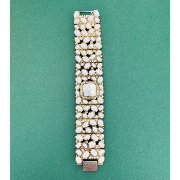 Adrienne Vittadini White Cabochon Lucite Goldtone Watch With Rhinestone Accents - Picture 1 of 3